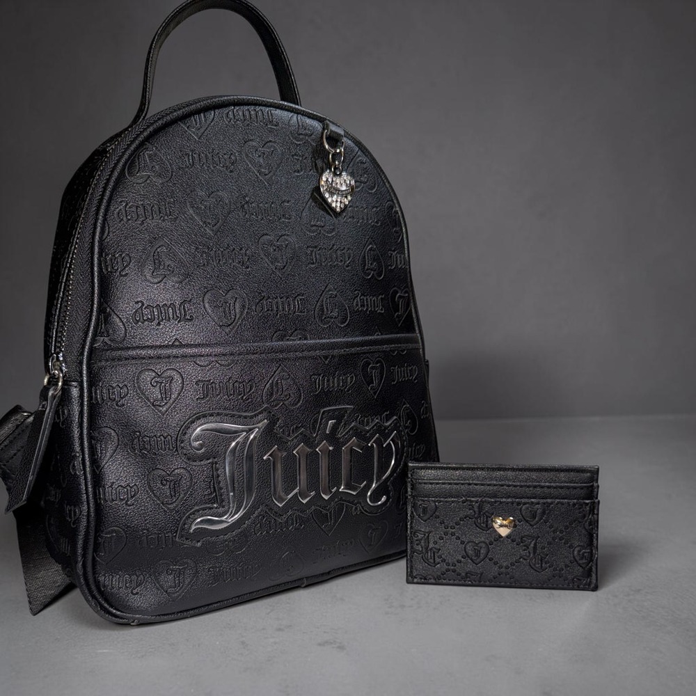 Juicy Couture Black Embossed Gothic Logo Mini Backpack and Card Holder Set